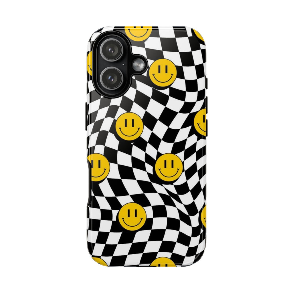 Smiley Checkerboard Tough Phone Case — Retro Wavy Black & White Design