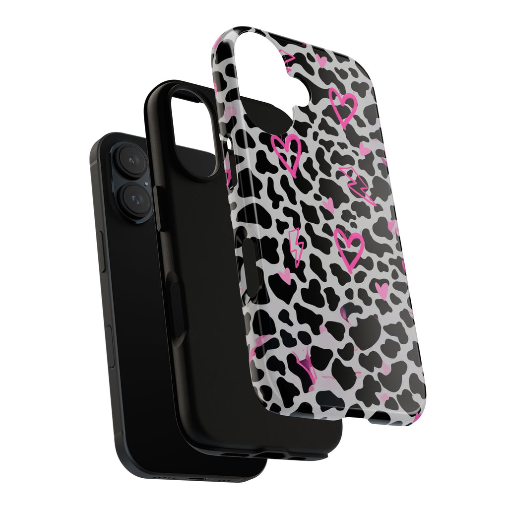 Phone Case — Black & White Cow Print with Pink Hand-Drawn Hearts