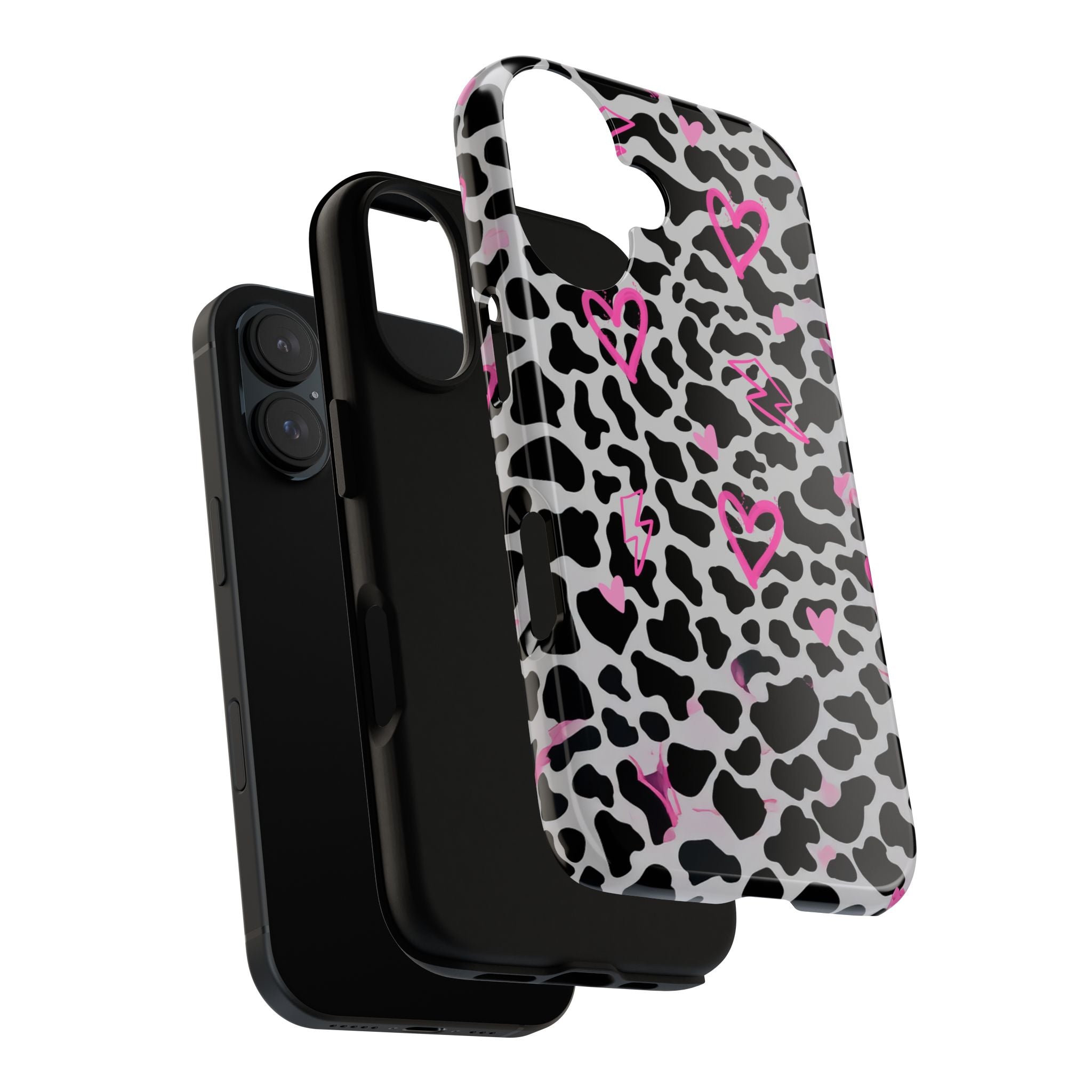 Phone Case — Black & White Cow Print with Pink Hand-Drawn Hearts