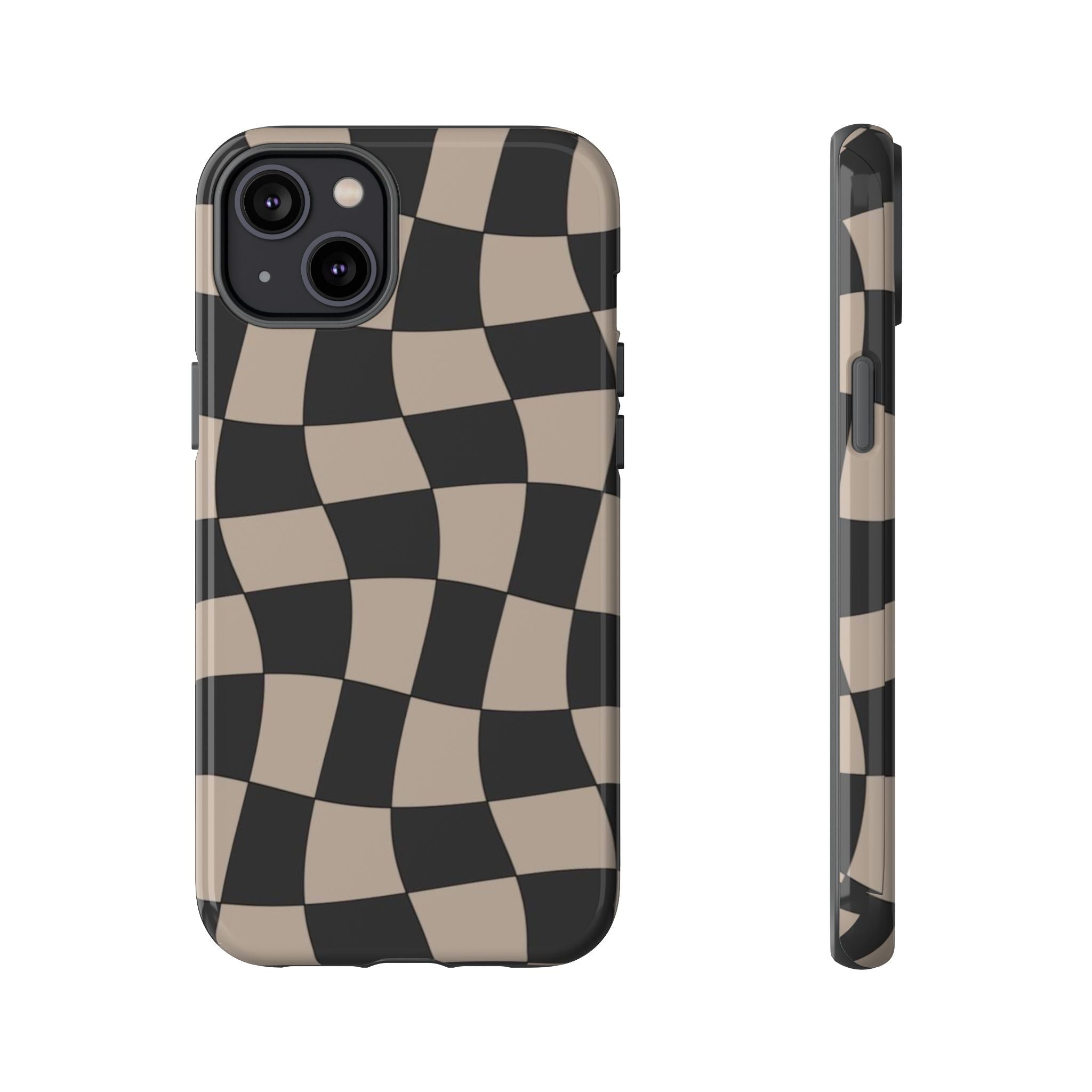 Wavy Checkerboard Phone Case — Retro Black & Beige Pattern, Durable Protective Cover