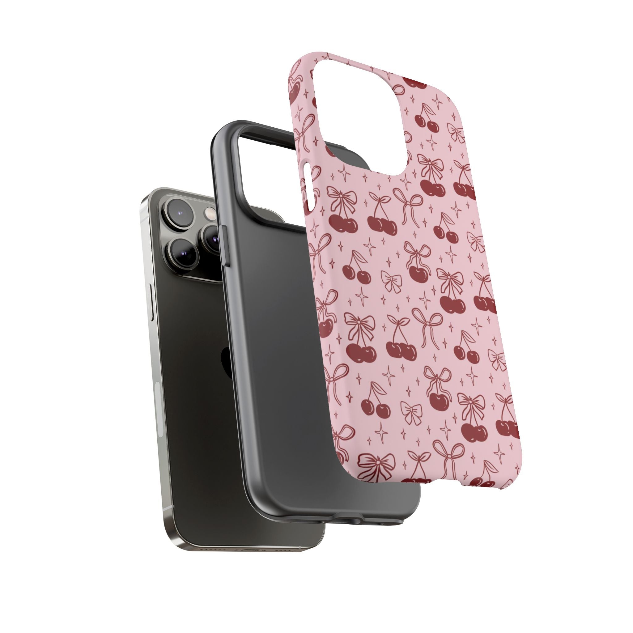 Cherry Pattern Phone Case — Cute Pink Cherries with Bows Durable Tough Case