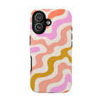 Retro Wavy Pattern Tough Phone Case — Pink, Peach & Mustard Abstract Design