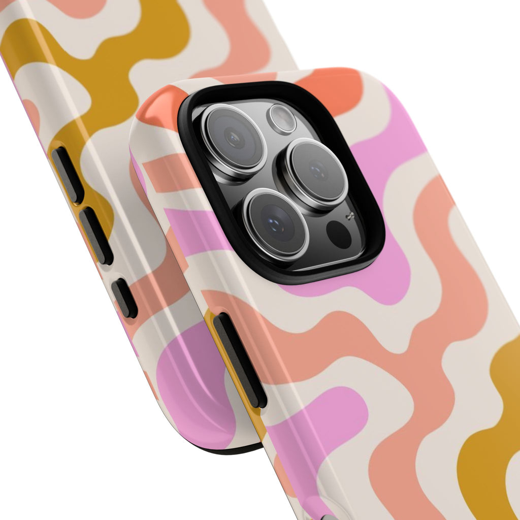 Retro Wavy Pattern Tough Phone Case — Pink, Peach & Mustard Abstract Design
