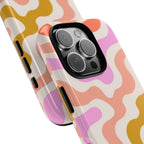 Retro Wavy Pattern Tough Phone Case — Pink, Peach & Mustard Abstract Design