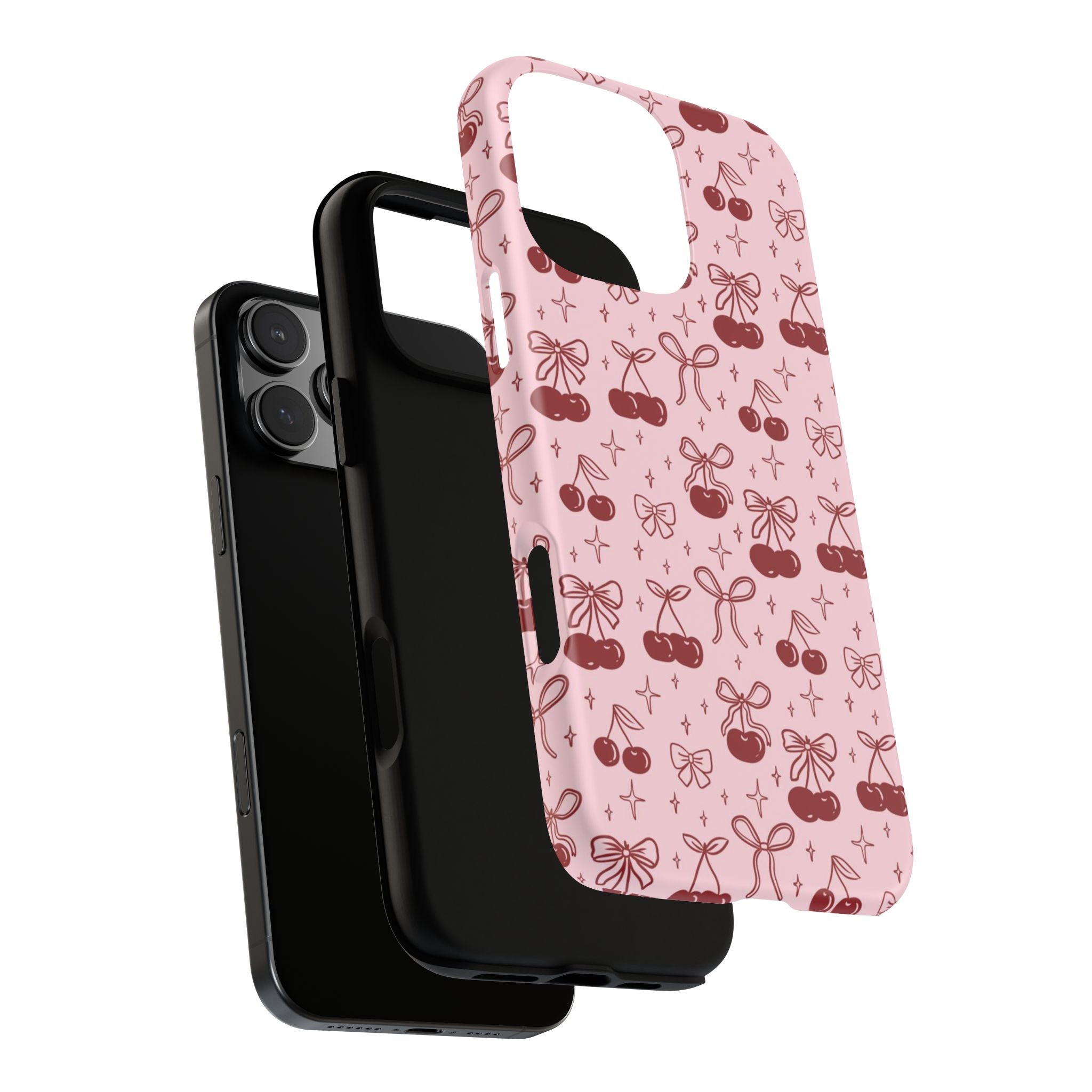 Cherry Pattern Phone Case — Cute Pink Cherries with Bows Durable Tough Case