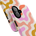 Retro Wavy Pattern Tough Phone Case — Pink, Peach & Mustard Abstract Design
