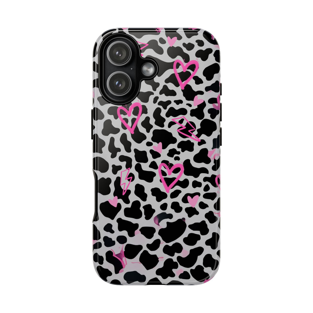 Phone Case — Black & White Cow Print with Pink Hand-Drawn Hearts