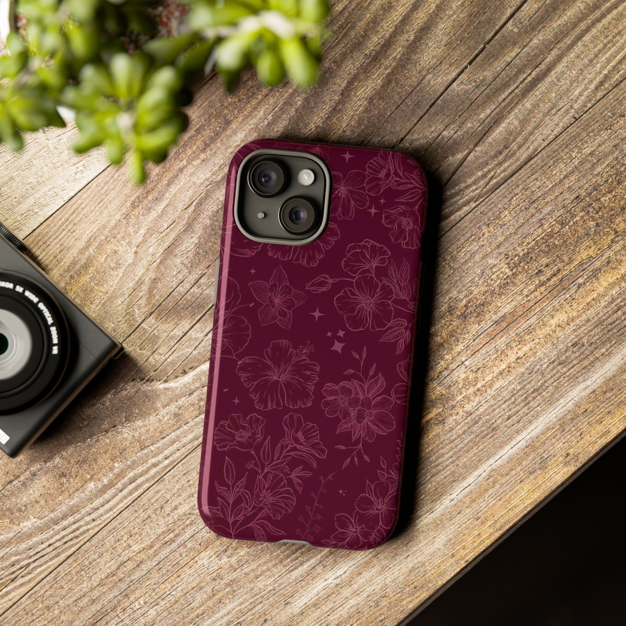 Burgundy Floral Tough Phone Case — Protective Hibiscus Pattern