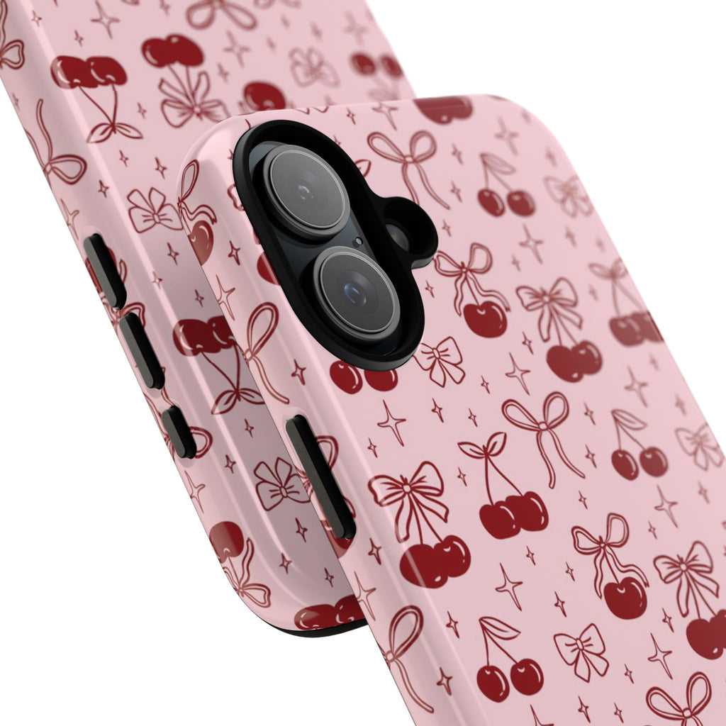 Cherry Pattern Phone Case — Cute Pink Cherries with Bows Durable Tough Case