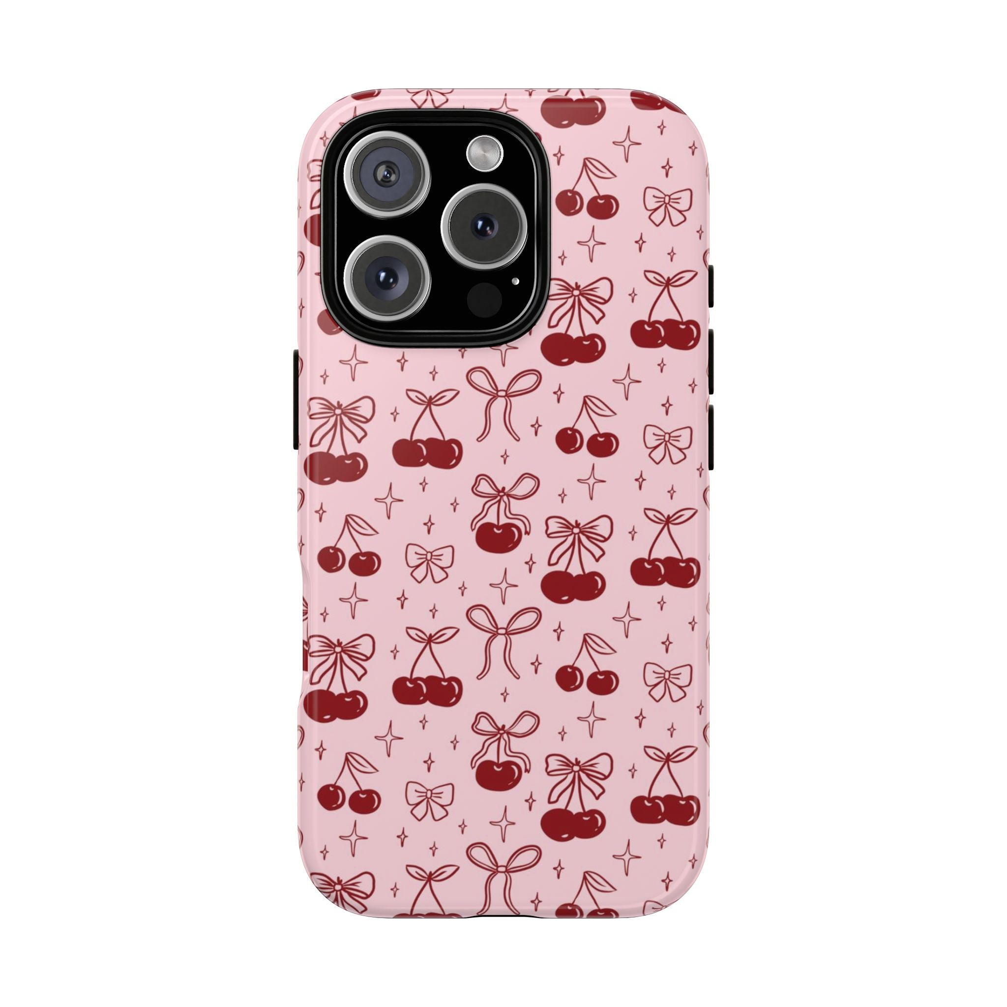 Cherry Pattern Phone Case — Cute Pink Cherries with Bows Durable Tough Case