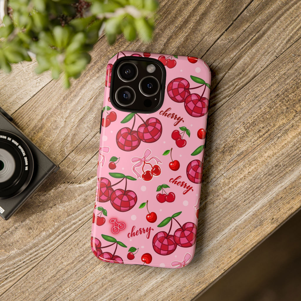 Cherry Pattern Tough Phone Case — Pink Cute Fruit iPhone Case with "cherry"