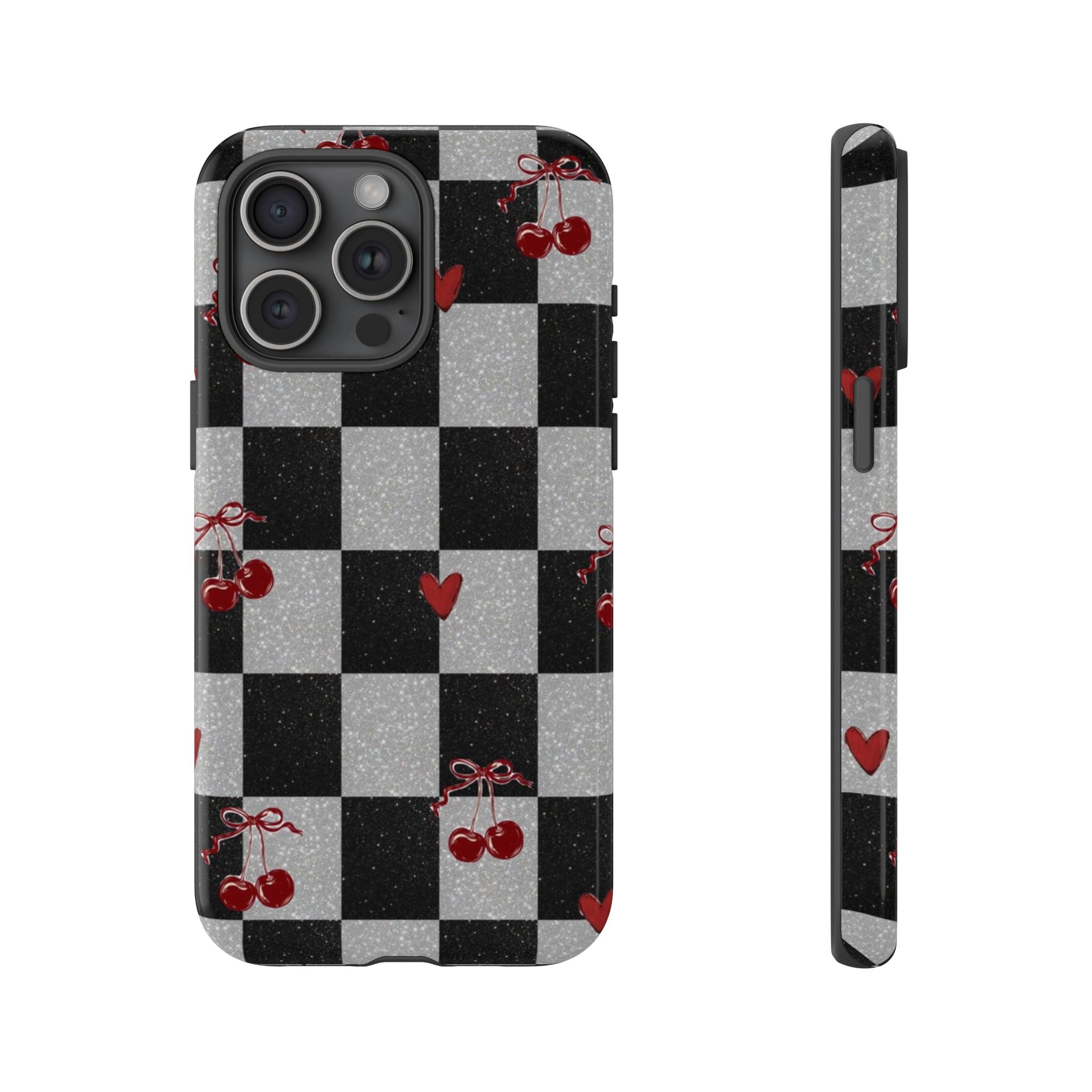 Cherry Checker Phone Case — Retro Black & White Plaid with Red Hearts