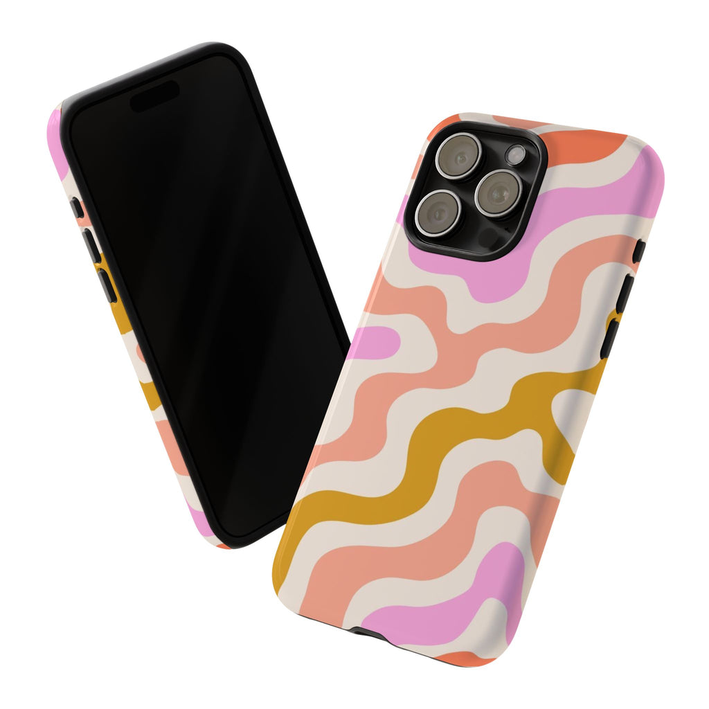 Retro Wavy Pattern Tough Phone Case — Pink, Peach & Mustard Abstract Design