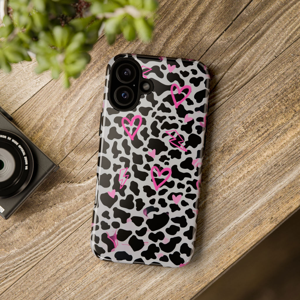 Phone Case — Black & White Cow Print with Pink Hand-Drawn Hearts