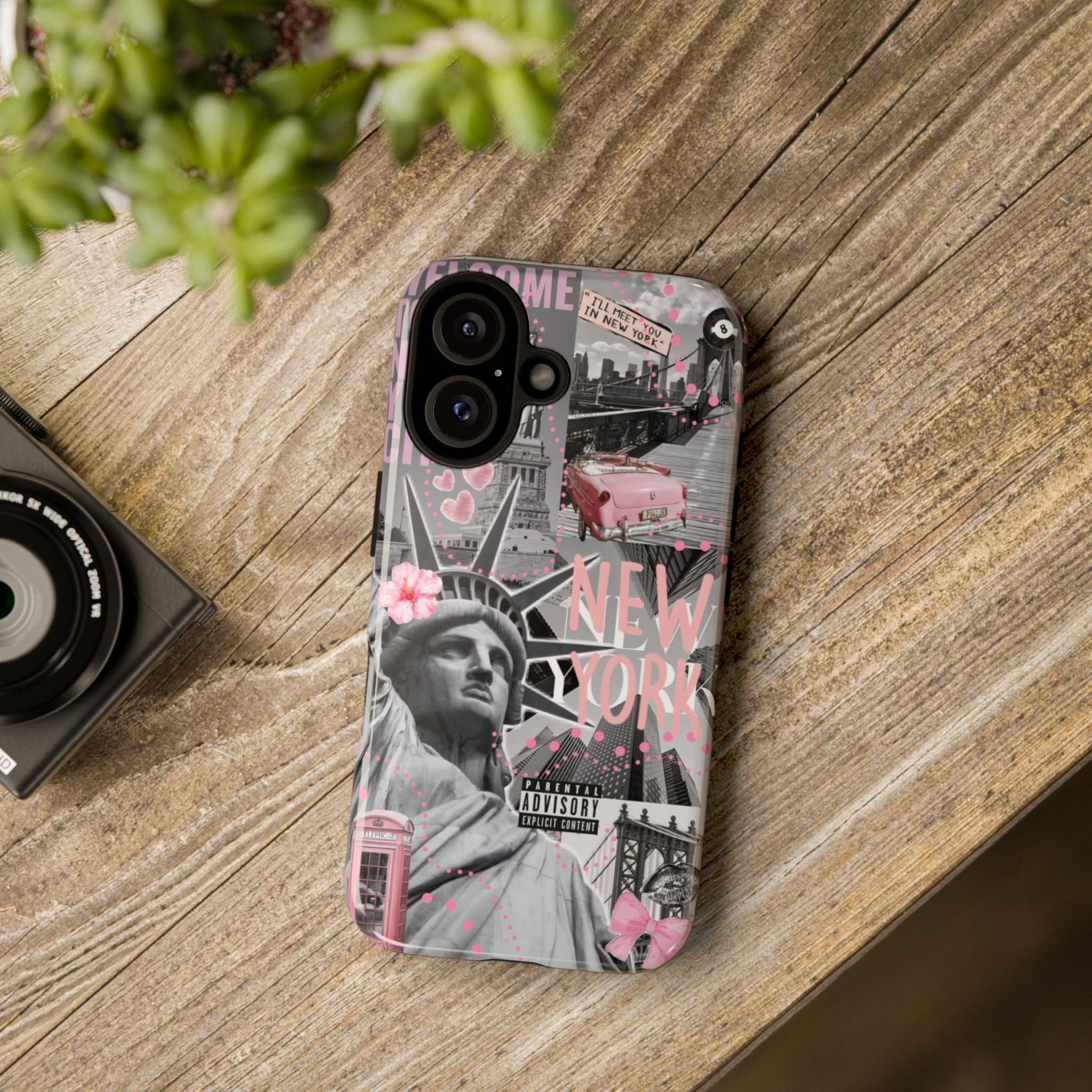New York Collage Phone Case — Pink Retro Statue of Liberty Design