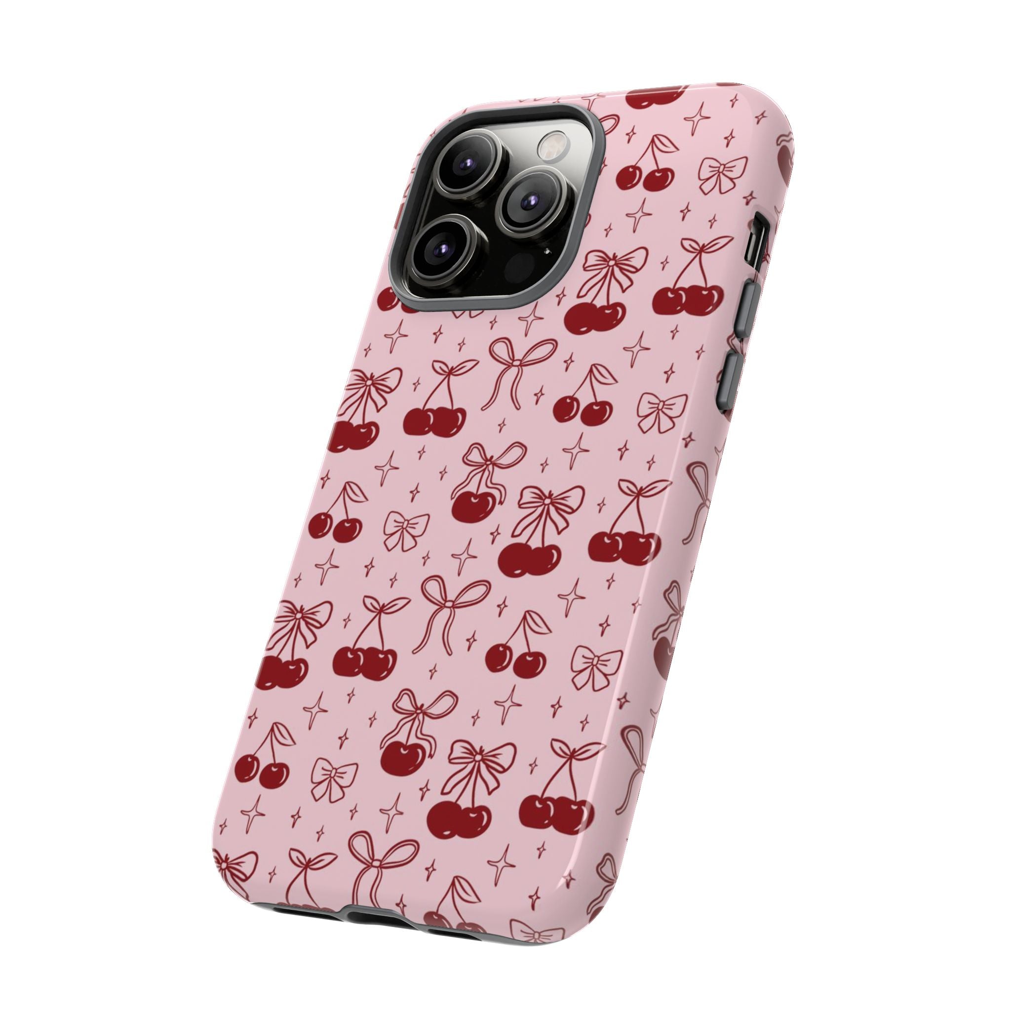 Cherry Pattern Phone Case — Cute Pink Cherries with Bows Durable Tough Case