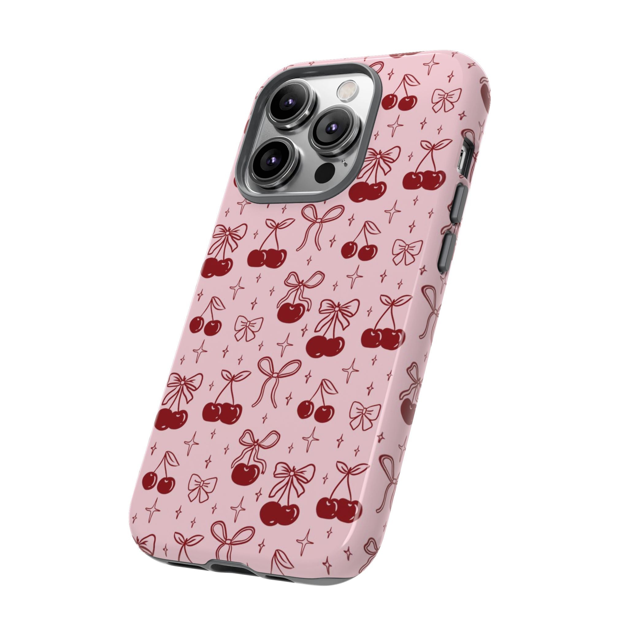 Cherry Pattern Phone Case — Cute Pink Cherries with Bows Durable Tough Case
