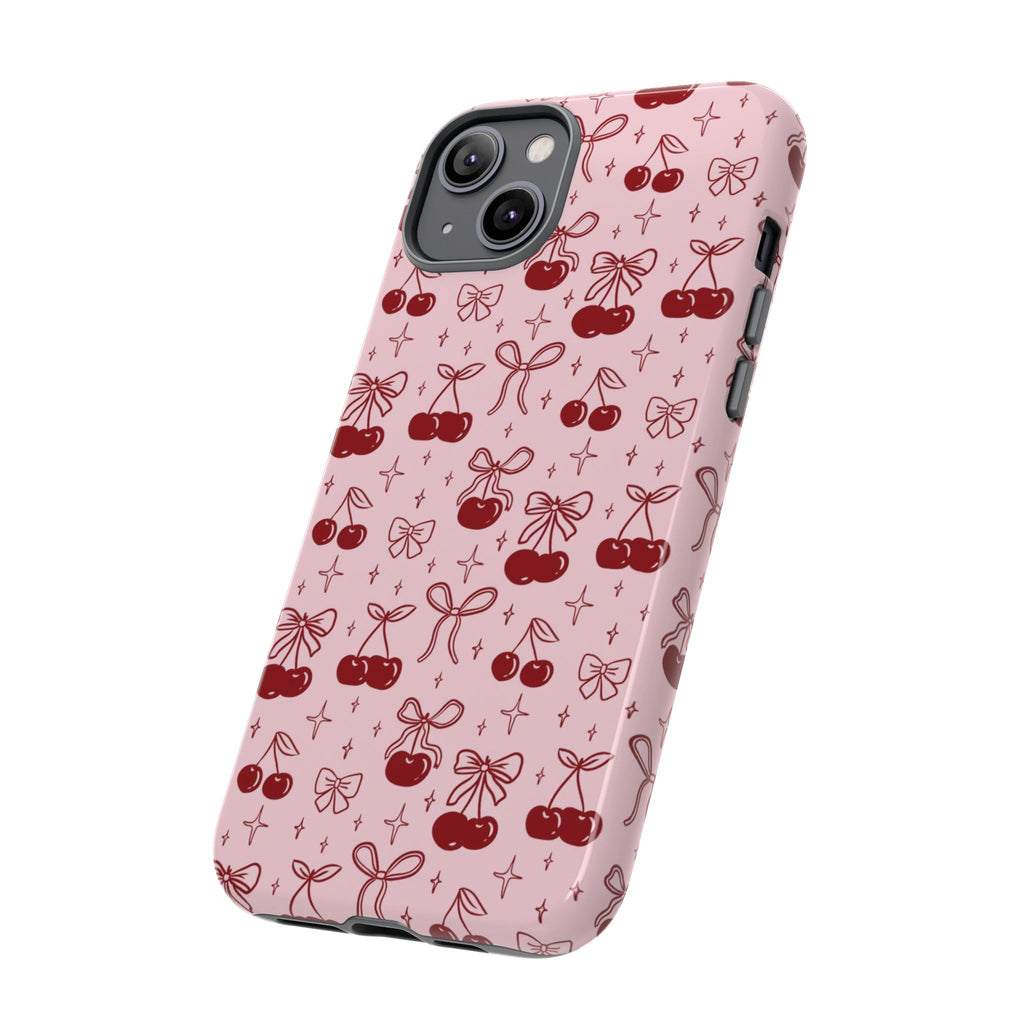Cherry Pattern Phone Case — Cute Pink Cherries with Bows Durable Tough Case