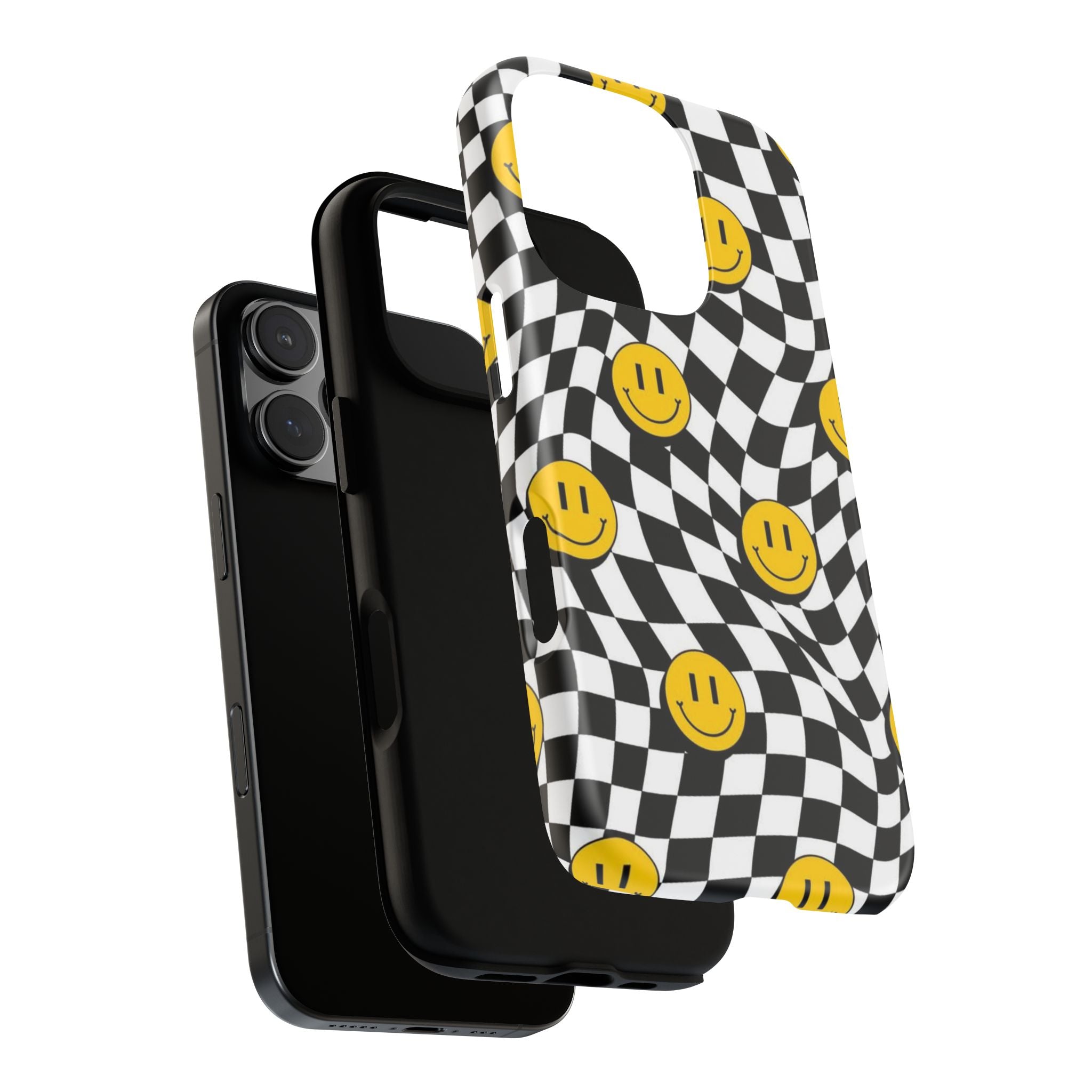 Smiley Checkerboard Tough Phone Case — Retro Wavy Black & White Design
