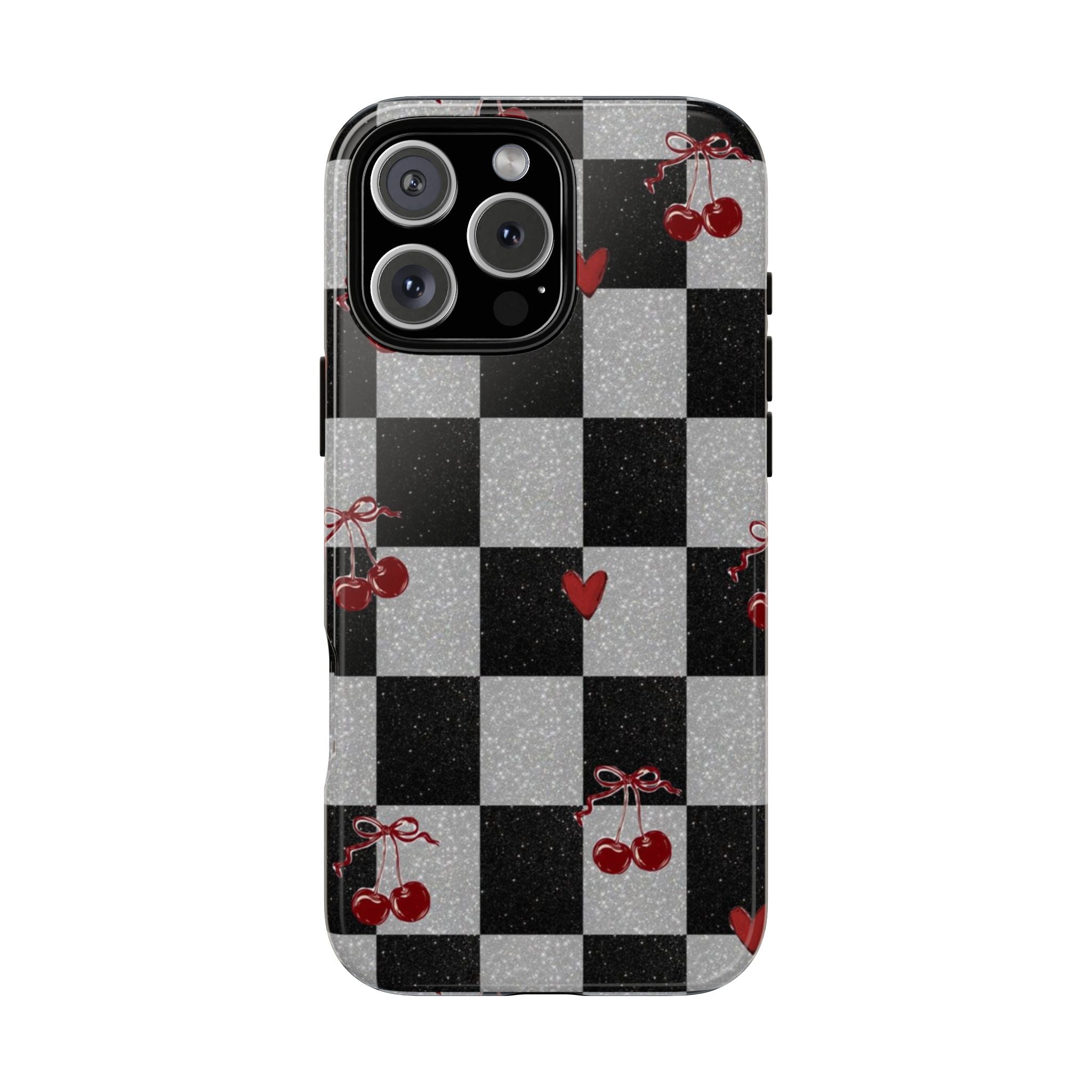 Cherry Checker Phone Case — Retro Black & White Plaid with Red Hearts