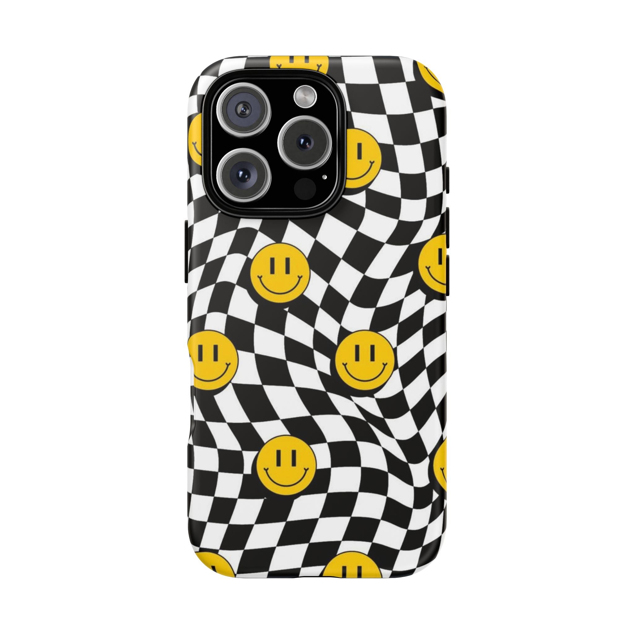 Smiley Checkerboard Tough Phone Case — Retro Wavy Black & White Design