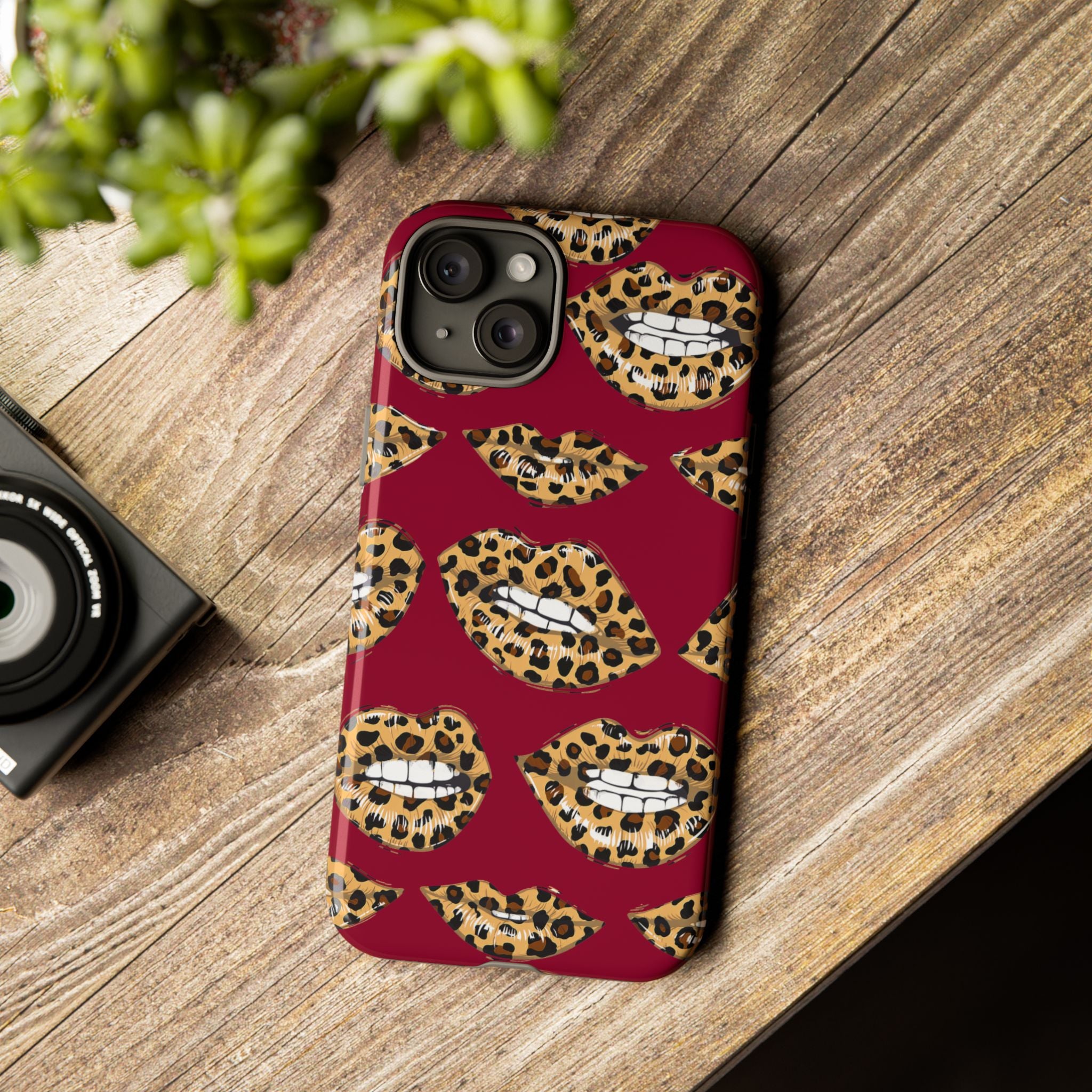 Phone Case — Leopard Lips Pattern on Burgundy