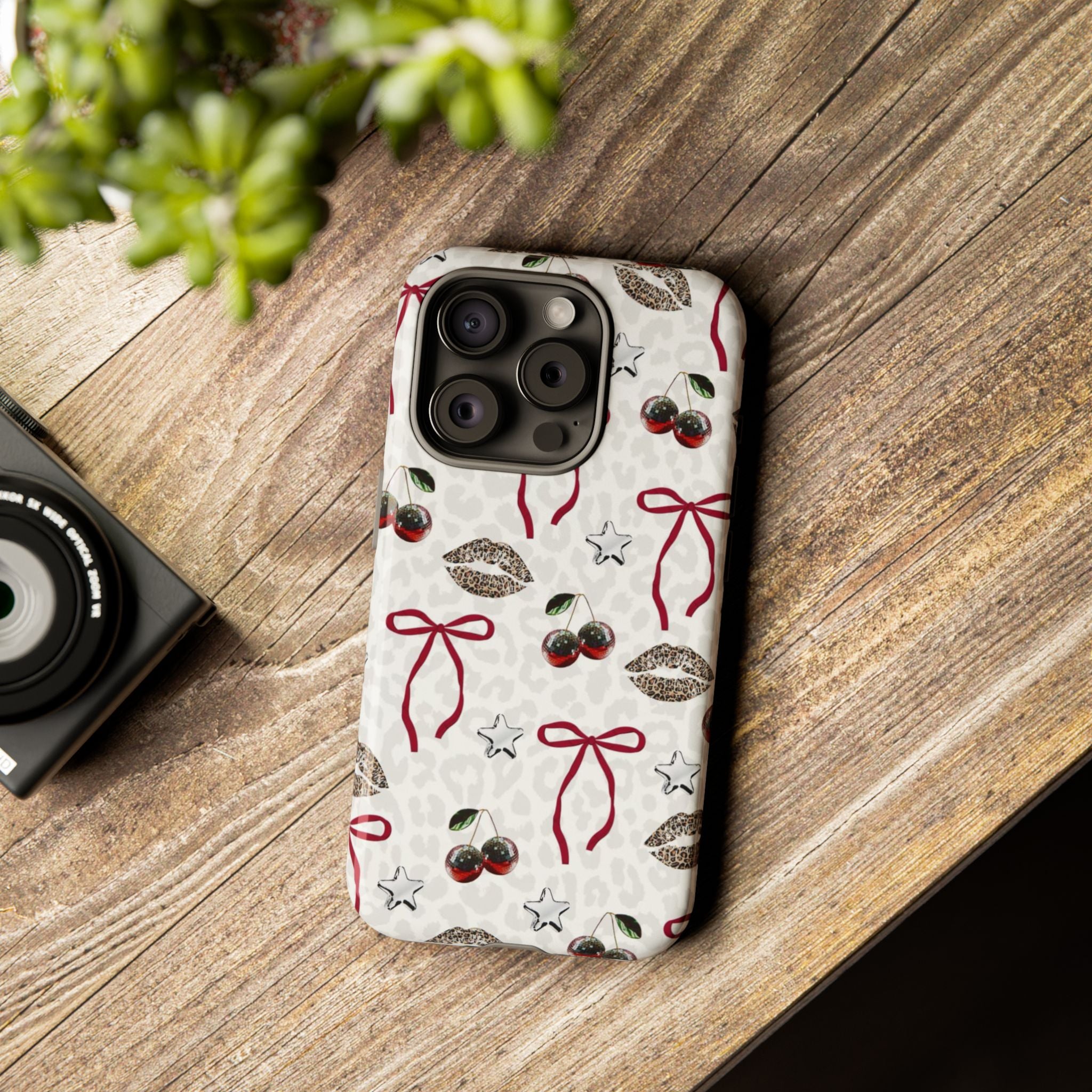 Cherry Bow Phone Case — Retro Cherry & Lips Pattern iPhone Cover