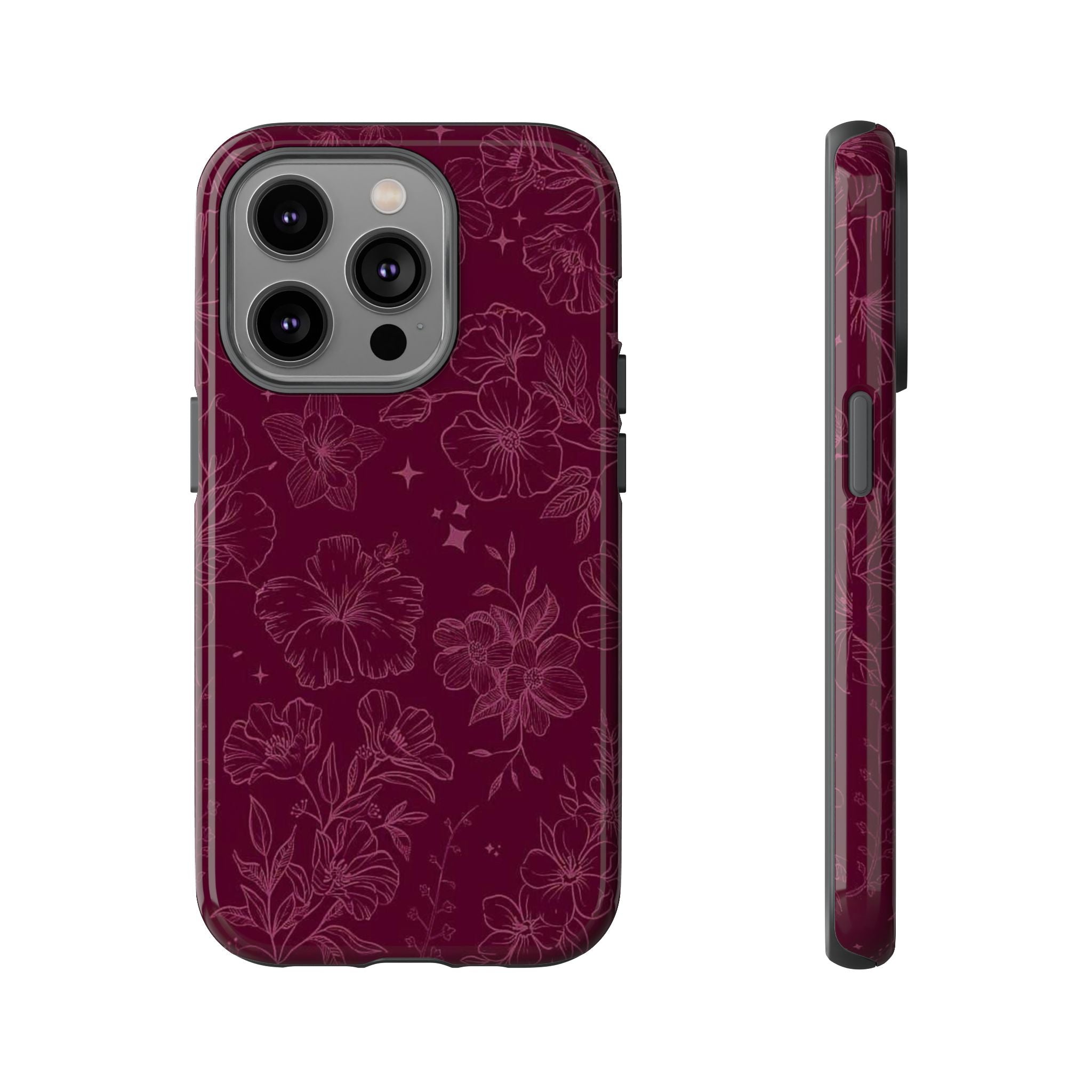 Burgundy Floral Tough Phone Case — Protective Hibiscus Pattern