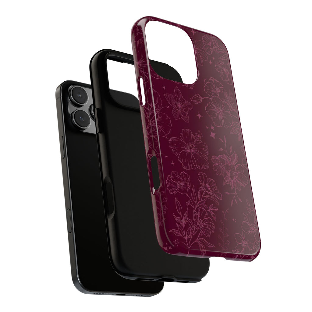 Burgundy Floral Tough Phone Case — Protective Hibiscus Pattern