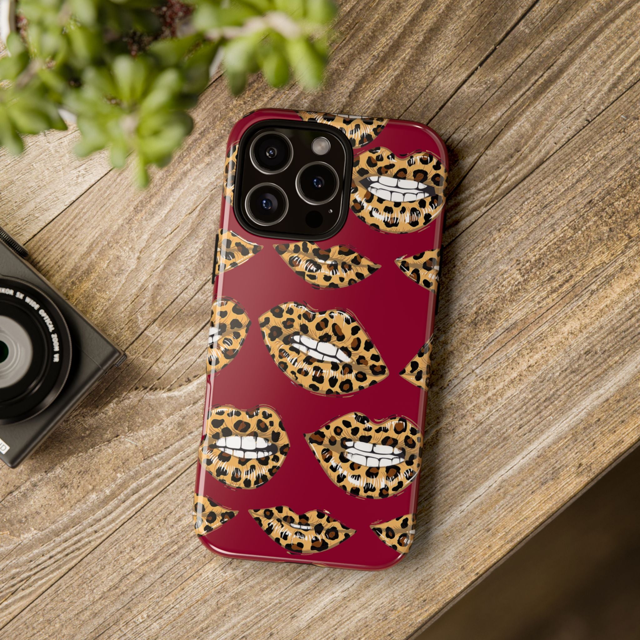 Phone Case — Leopard Lips Pattern on Burgundy