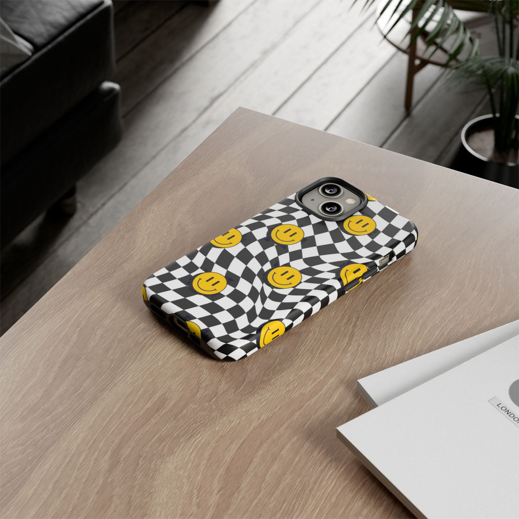 Smiley Checkerboard Tough Phone Case — Retro Wavy Black & White Design