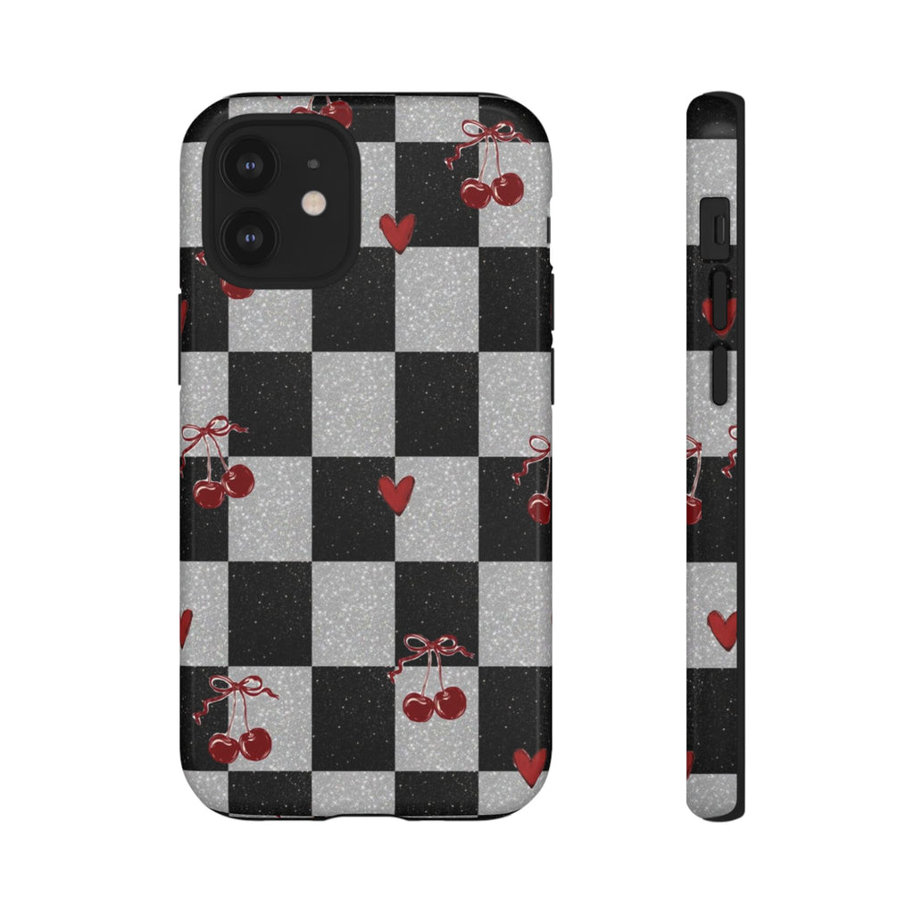 Cherry Checker Phone Case — Retro Black & White Plaid with Red Hearts