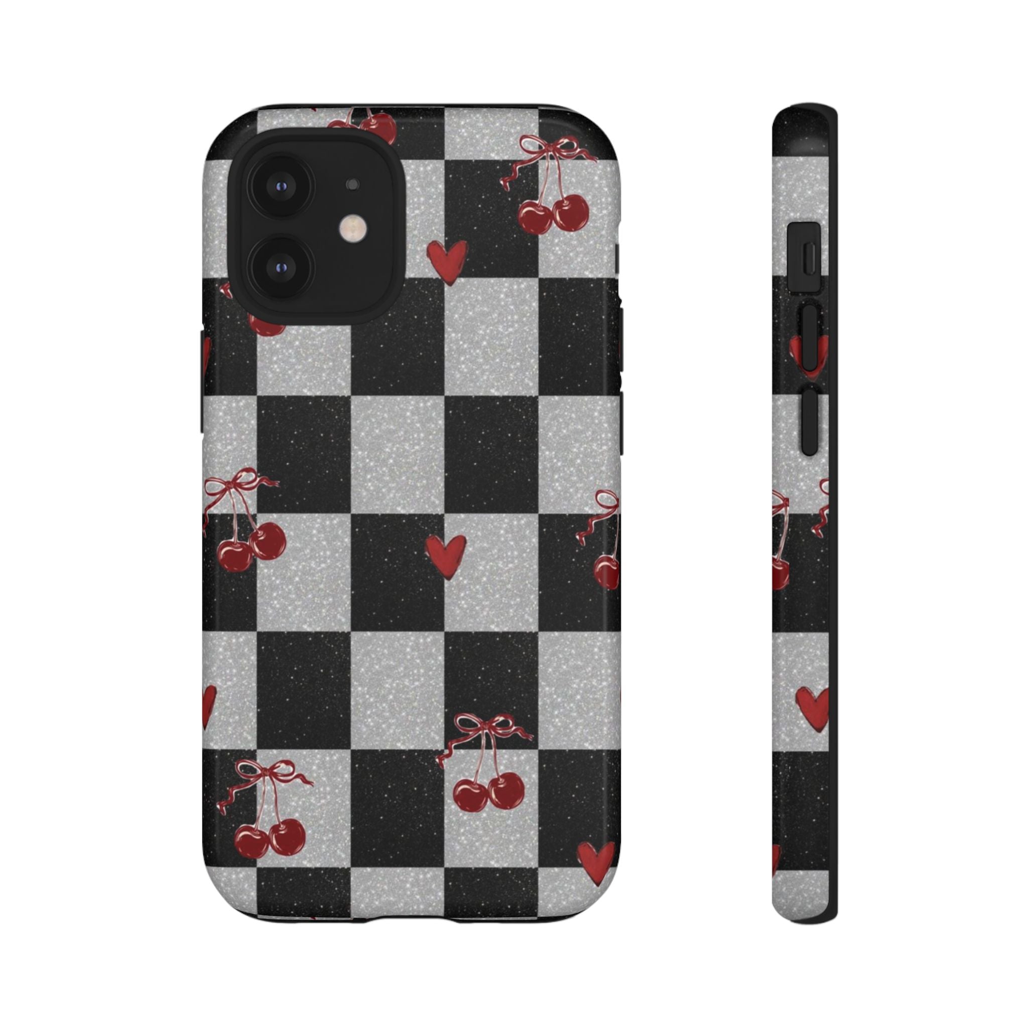 Cherry Checker Phone Case — Retro Black & White Plaid with Red Hearts