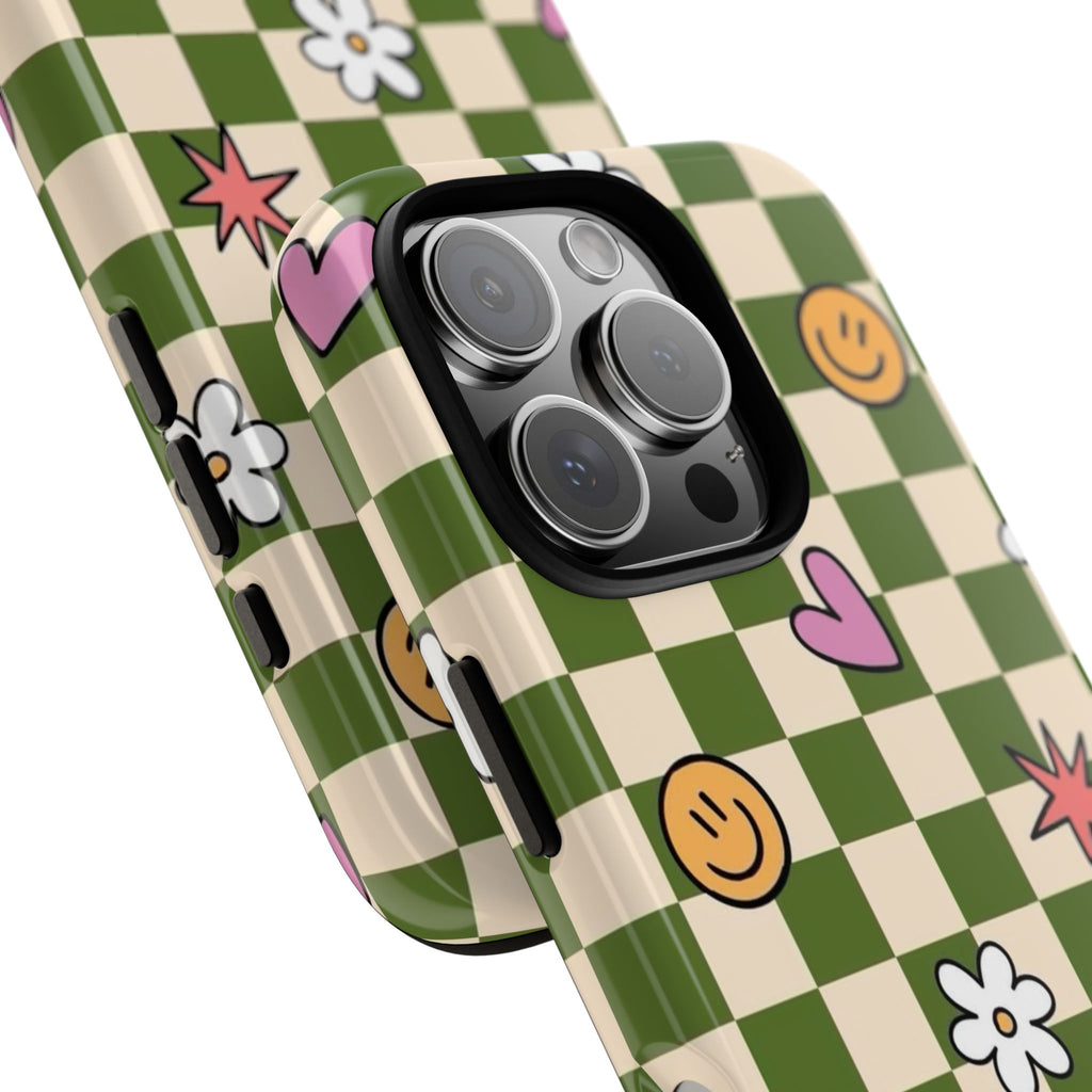 Green Checkered Floral & Smile Phone Case — Cute Heart, Daisy & Smile Pattern