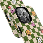 Green Checkered Floral & Smile Phone Case — Cute Heart, Daisy & Smile Pattern