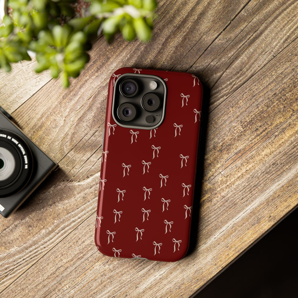 Red Bow Pattern Phone Case — Protective Tough Case with Elegant Holiday Ribbon Design