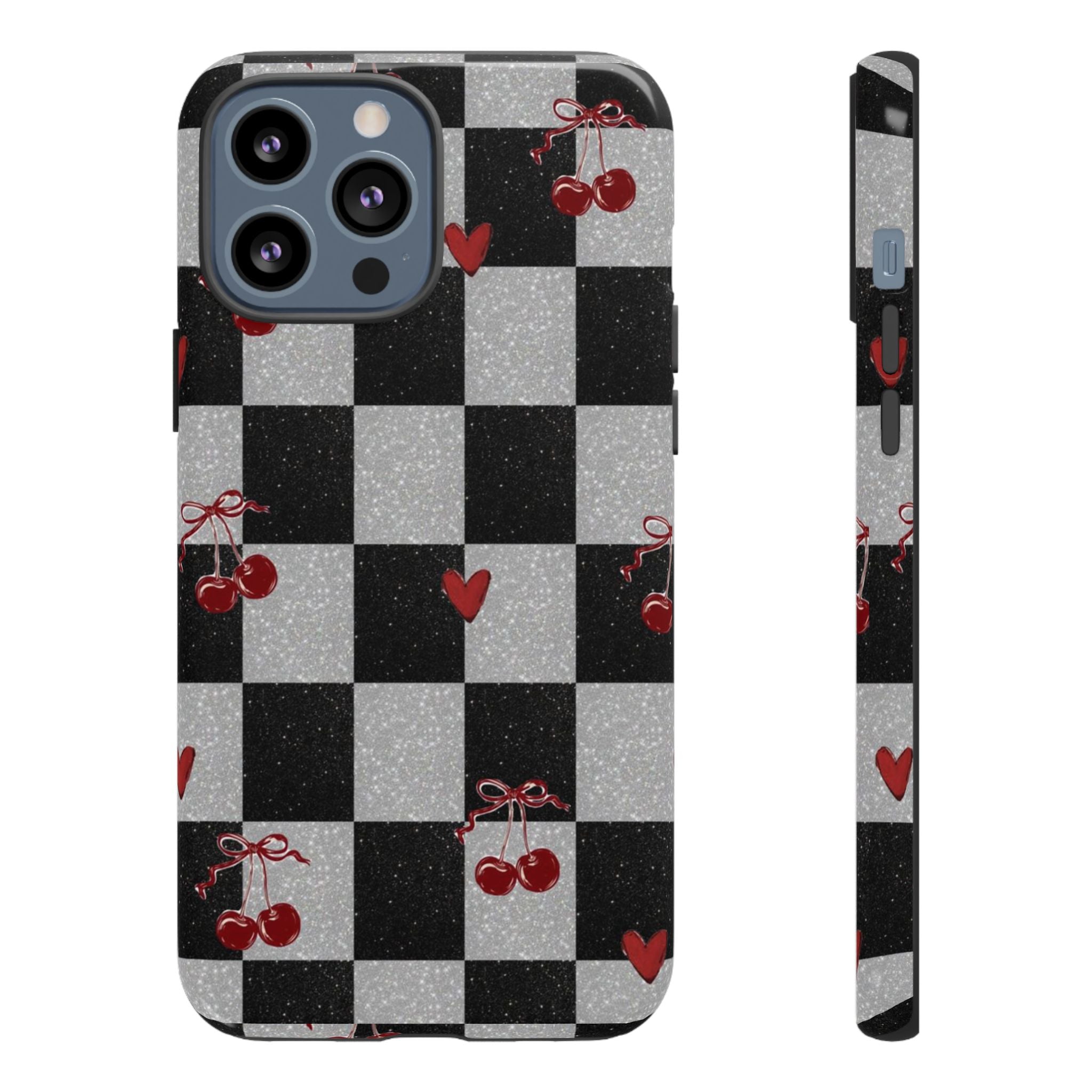 Cherry Checker Phone Case — Retro Black & White Plaid with Red Hearts