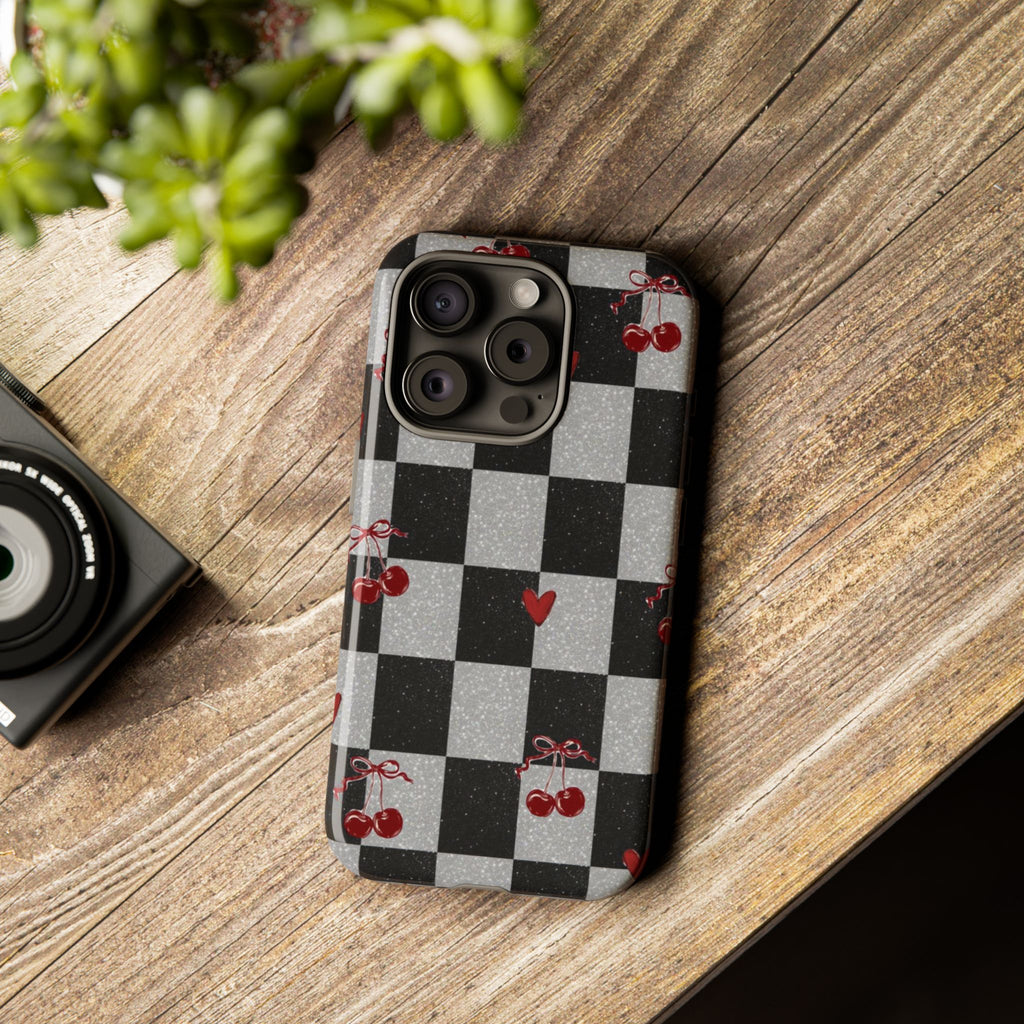 Cherry Checker Phone Case — Retro Black & White Plaid with Red Hearts