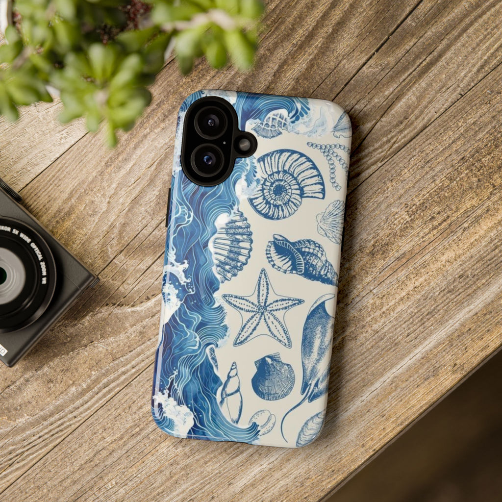 Ocean Shells Tough Phone Case — Blue Nautical Seashell iPhone Cover