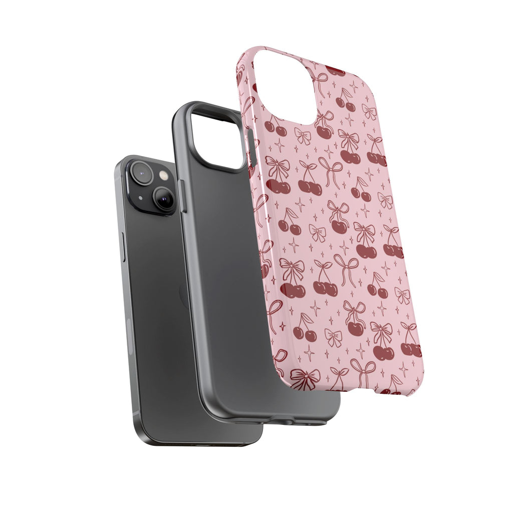 Cherry Pattern Phone Case — Cute Pink Cherries with Bows Durable Tough Case
