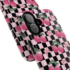 Cherry Checkered Phone Case — Pink Cherries on Black & White Checkerboard