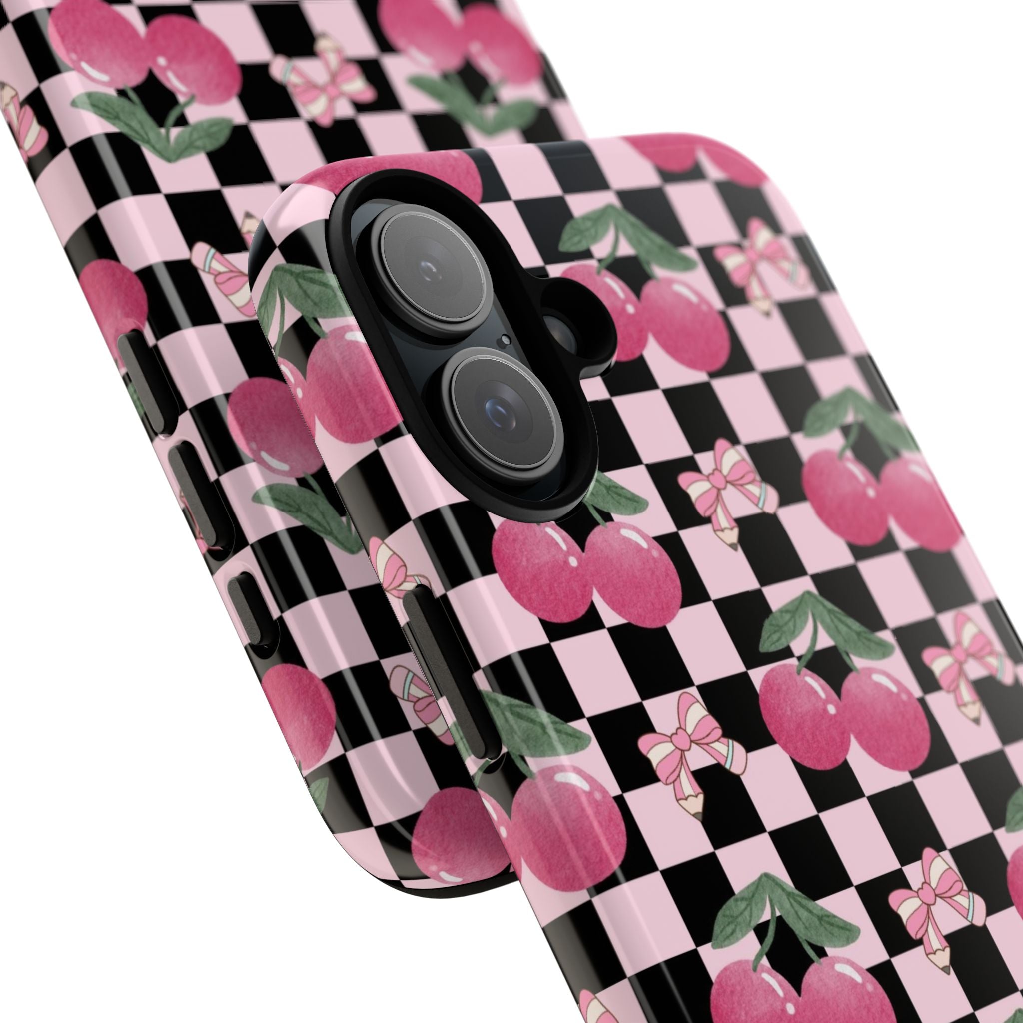 Cherry Checkered Phone Case — Pink Cherries on Black & White Checkerboard
