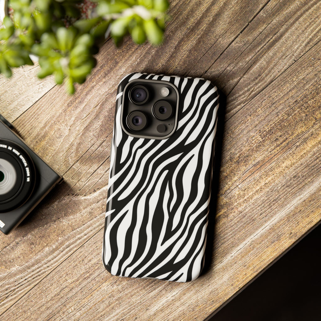 Zebra Print Tough Phone Case — Black & White Animal Stripe Protective Cover