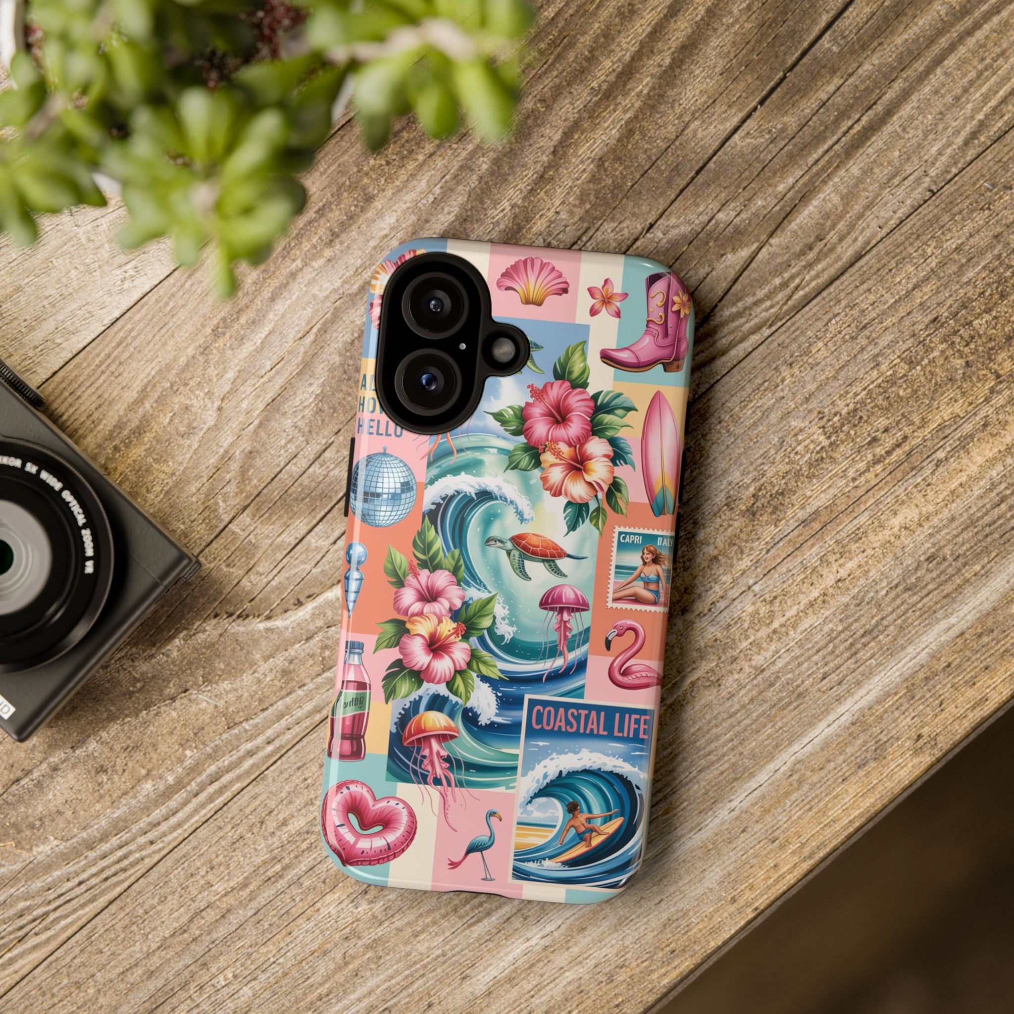 Coastal Collage Phone Case — Retro Beach Surf Floral Design
