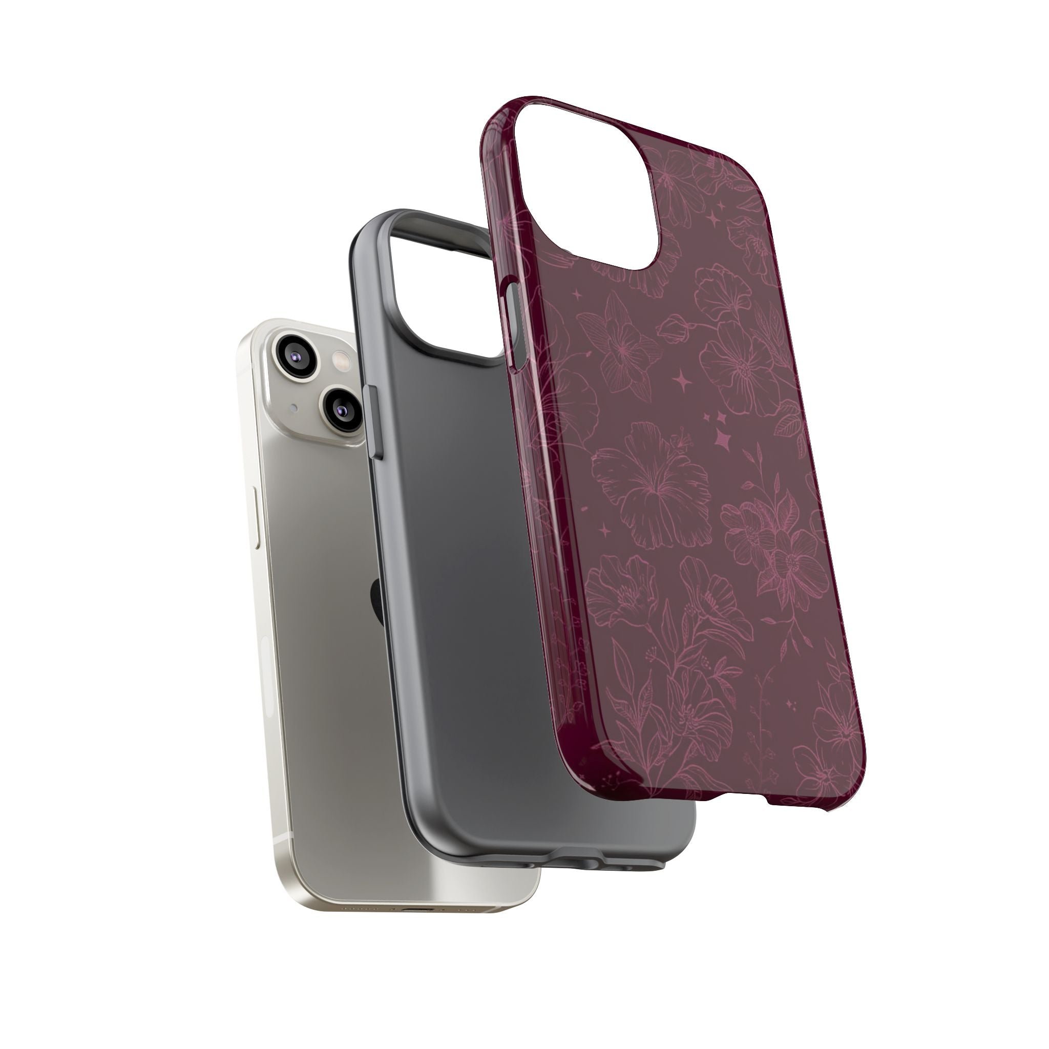 Burgundy Floral Tough Phone Case — Protective Hibiscus Pattern
