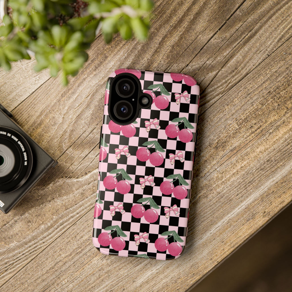 Cherry Checkered Phone Case — Pink Cherries on Black & White Checkerboard