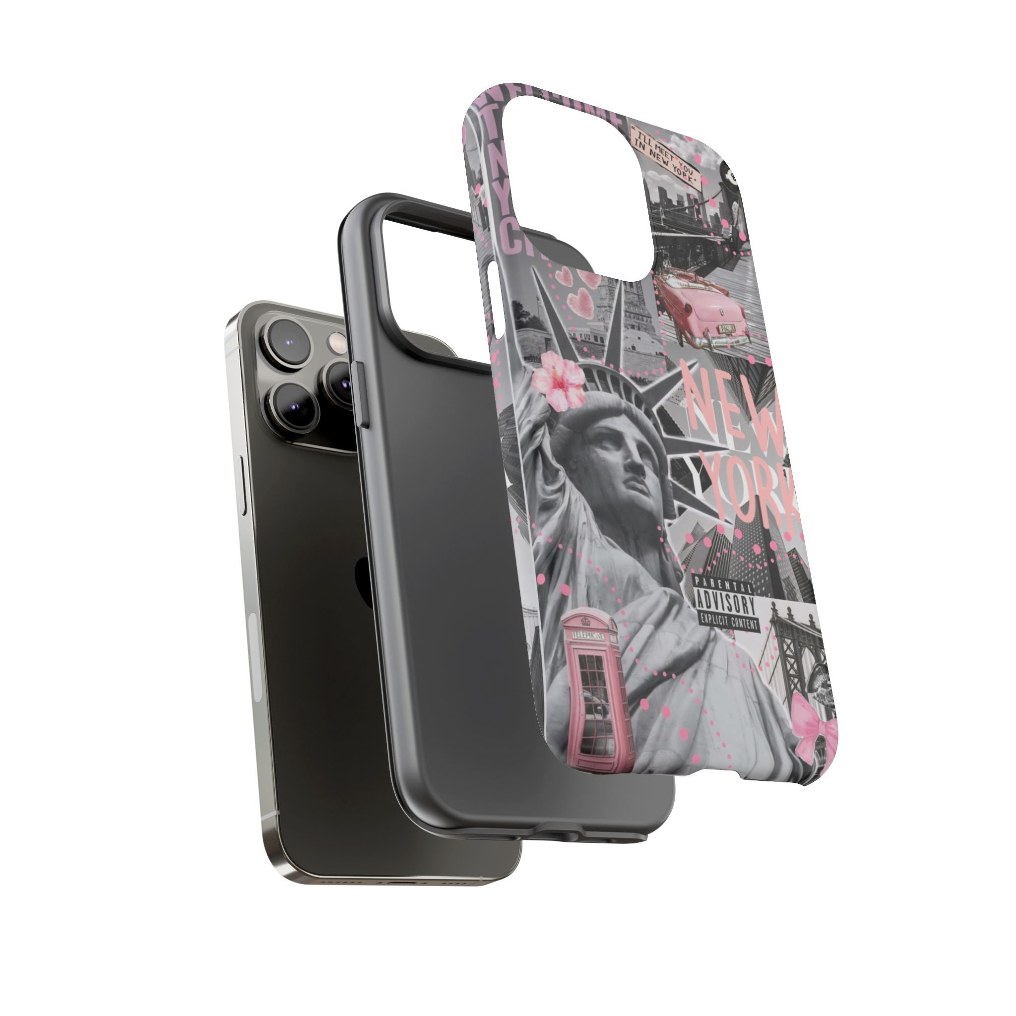 New York Collage Phone Case — Pink Retro Statue of Liberty Design