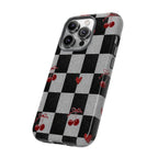 Cherry Checker Phone Case — Retro Black & White Plaid with Red Hearts