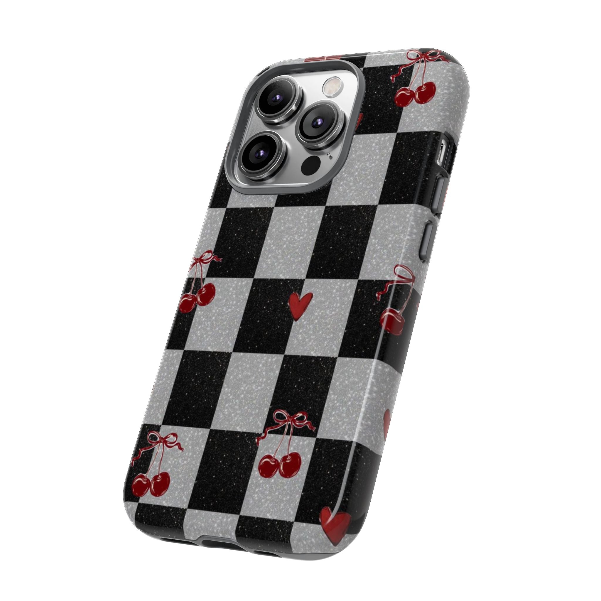 Cherry Checker Phone Case — Retro Black & White Plaid with Red Hearts