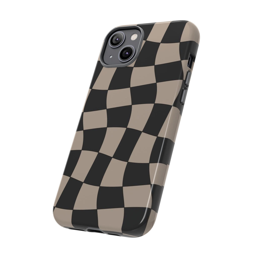 Wavy Checkerboard Phone Case — Retro Black & Beige Pattern, Durable Protective Cover